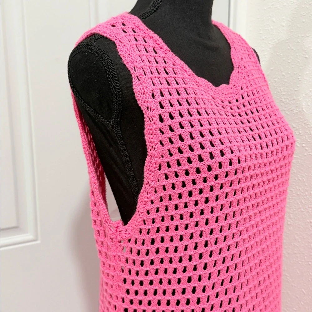 Sleeveless Pink‎ Crochet Swim Cover-Up Tunic S